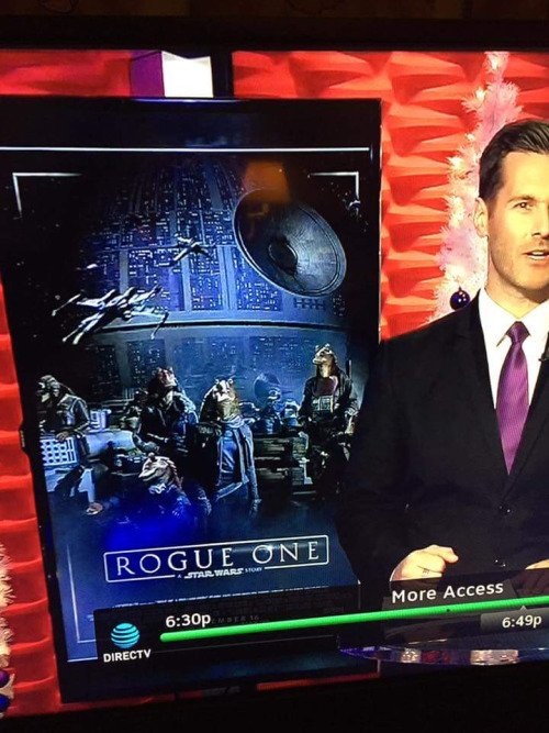 News reporter talking about Rogue One uses a poster photoshopped with Jar Jar