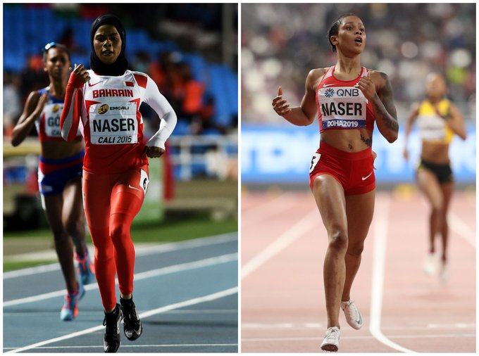 Salwa Eid Naser wins the 400m in Doha, this time competing without hijab, body suit and showing piercings and tattoos