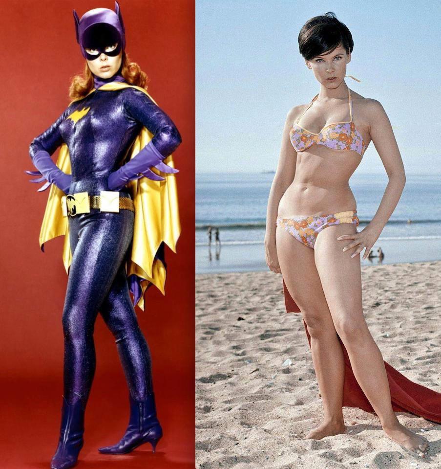 Film and TV star Yvonne Craig, in character as Batgirl and on the beach in the 1960s.