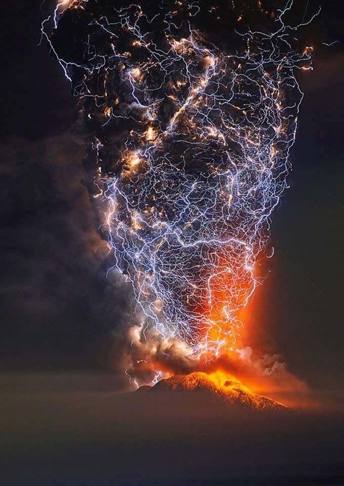 When lightning meets Volcano creating a dirty storm. Southern Chile.