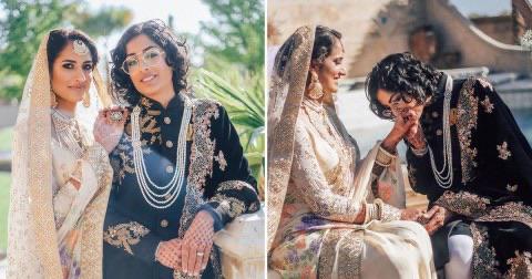 Indian-Pakistani lesbian couple gets married in traditional attire of their intolerant country.