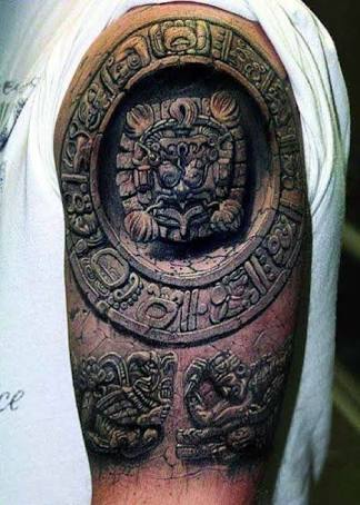 Aztec 3 dimensional tattoo incredible shading.
